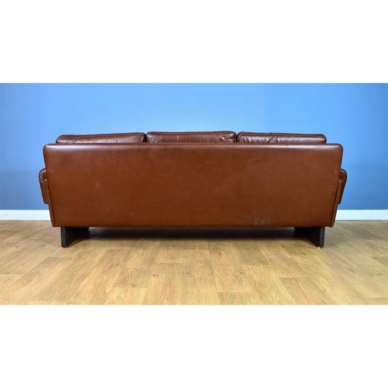 Danish Skippers Mobler Cognac Brown Leather 3 Seat Sofa Settee Mid Century