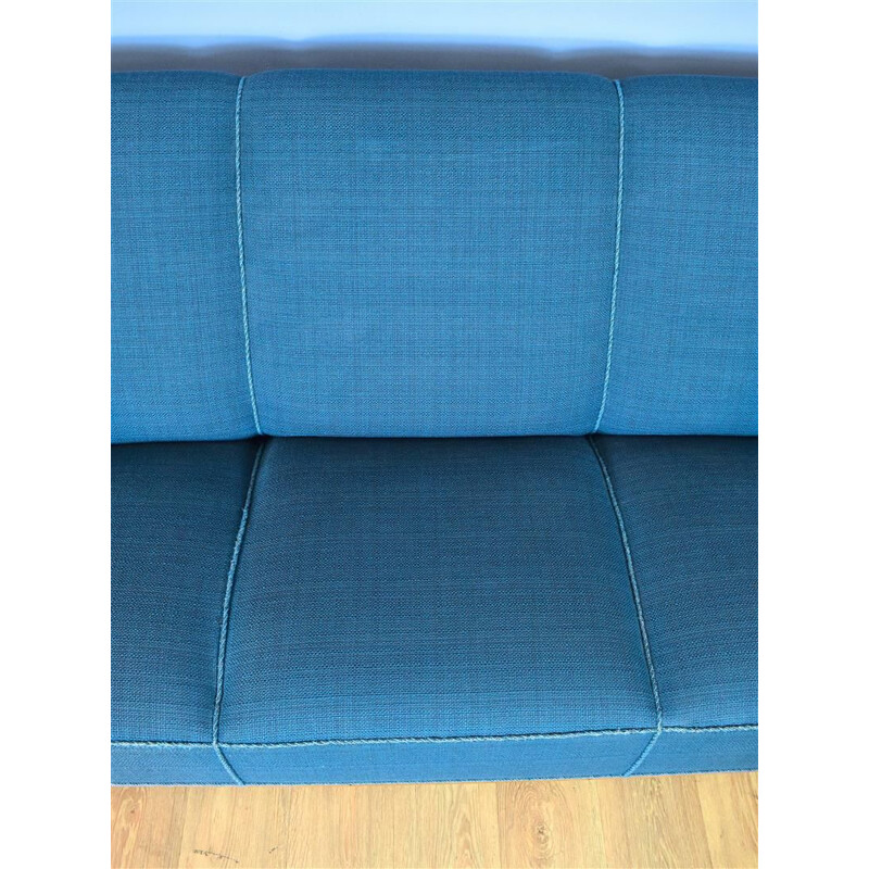 Art Deco Vintage Danish Teal Blue Wool & Oak Seat Sofa 1930s