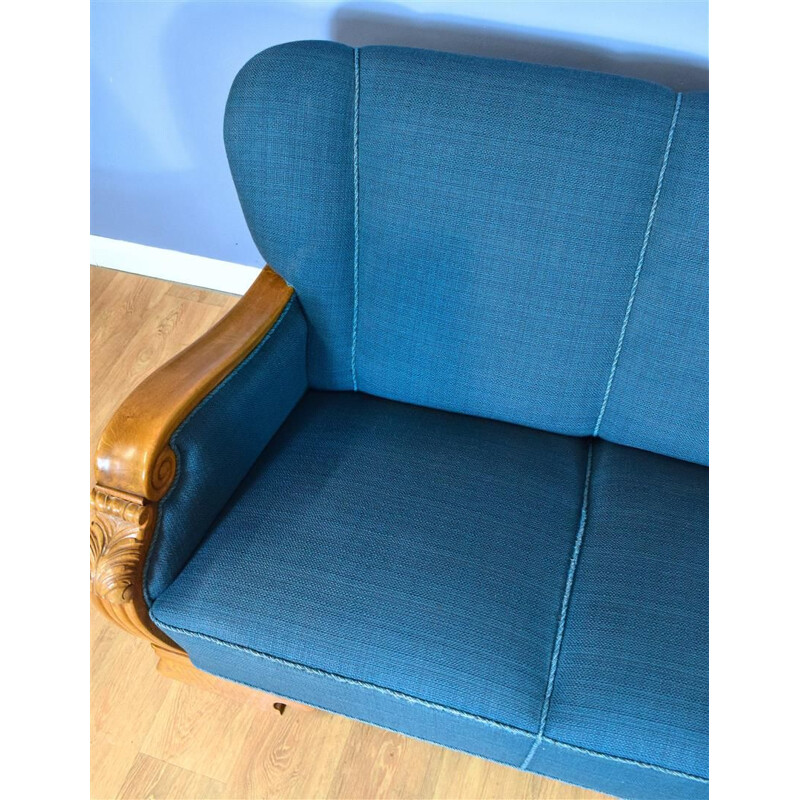 Art Deco Vintage Danish Teal Blue Wool & Oak Seat Sofa 1930s
