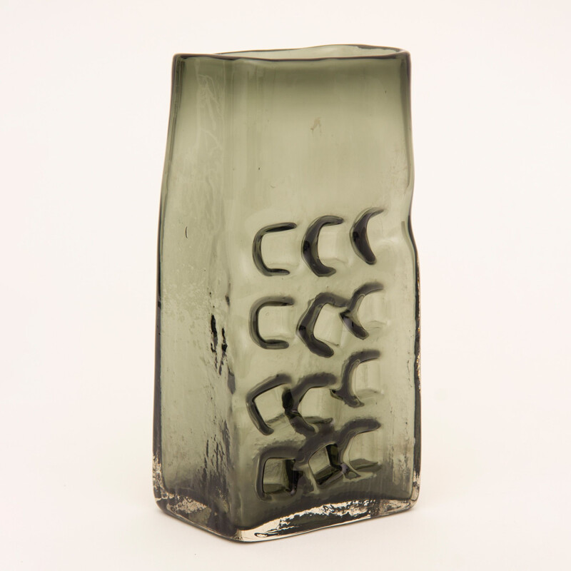 Whitefriars Willow Coloured Glass Hobnail Slab Vase by Geoffrey Baxter