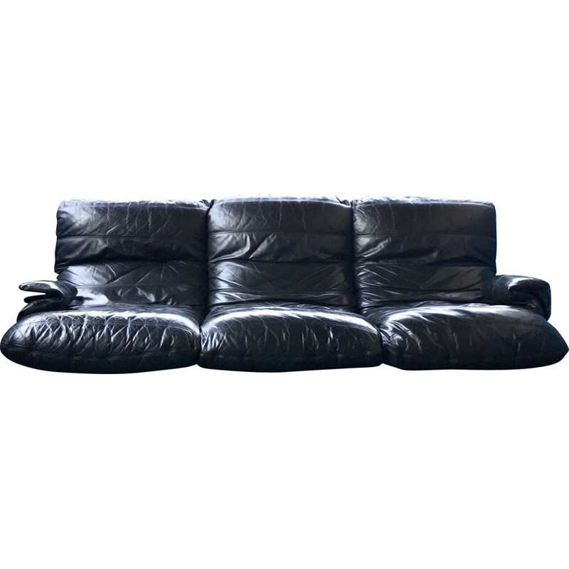 Black leather 3 seater sofa MARSALA by Michel Ducaroy ed Lignes Roset 1971