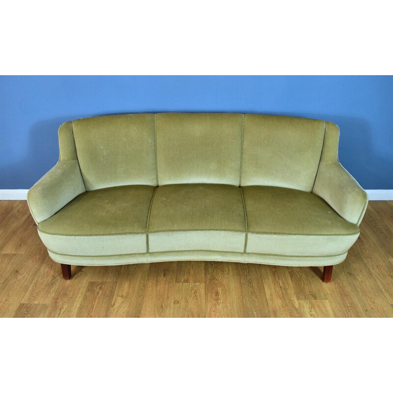 Art Deco Danish Mint Green Velour 3 Seat Banana Sofa Settee Mid Century 1940s