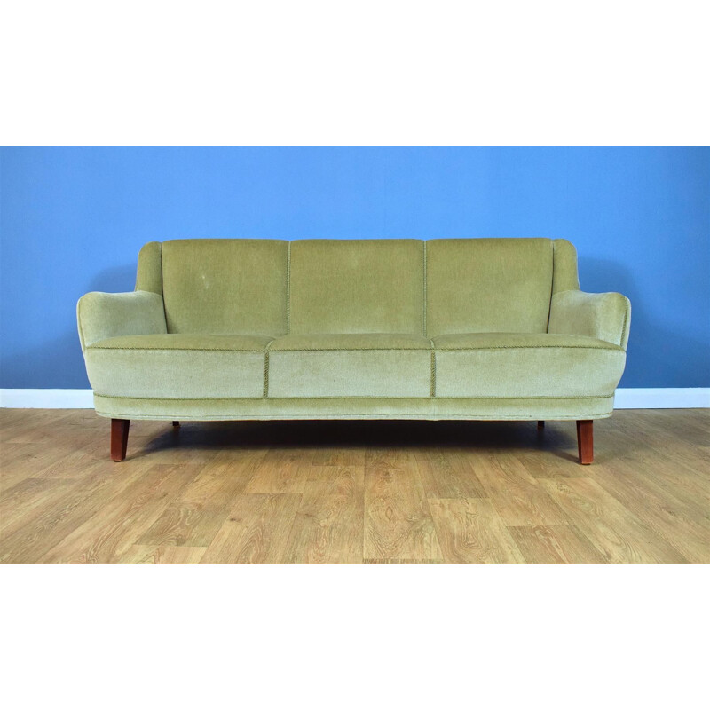 Art Deco Danish Mint Green Velour 3 Seat Banana Sofa Settee Mid Century 1940s