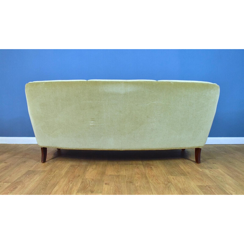 Art Deco Danish Mint Green Velour 3 Seat Banana Sofa Settee Mid Century 1940s