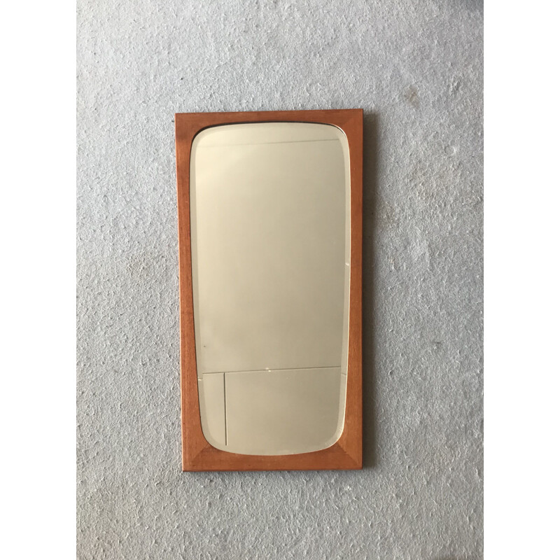 Miroir vintage scandinave en teck forme trapèze 1950 