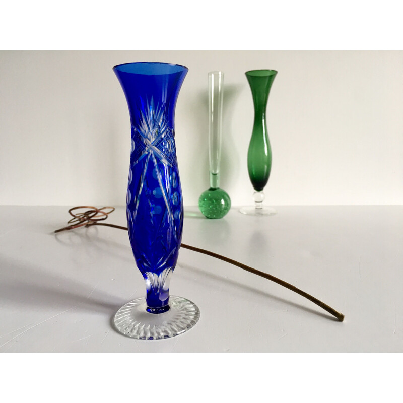 Trio of Colorful Glass and Crystal Chiseled Vases 