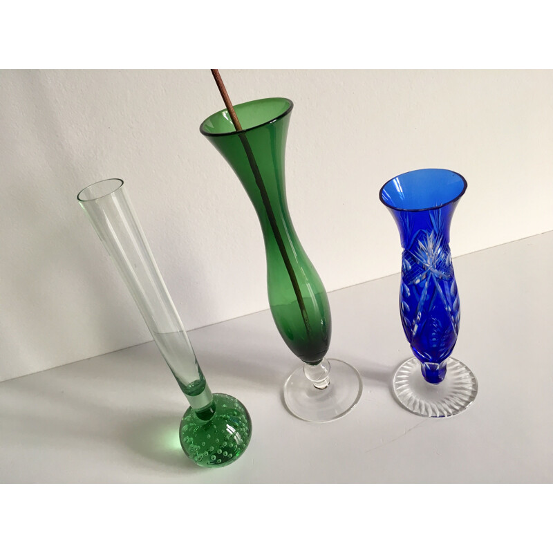 Trio of Colorful Glass and Crystal Chiseled Vases 