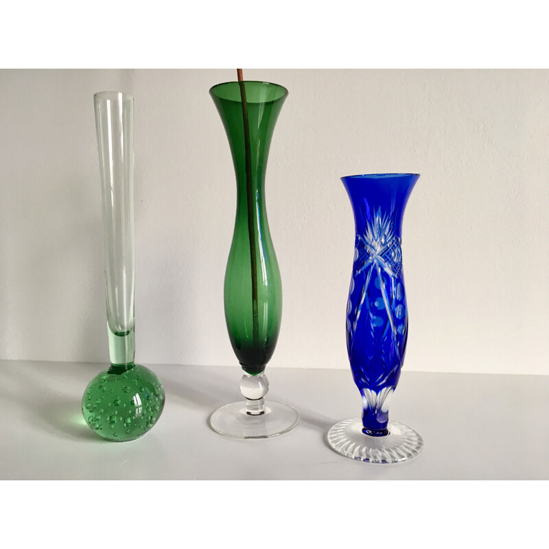 Trio of Colorful Glass and Crystal Chiseled Vases 