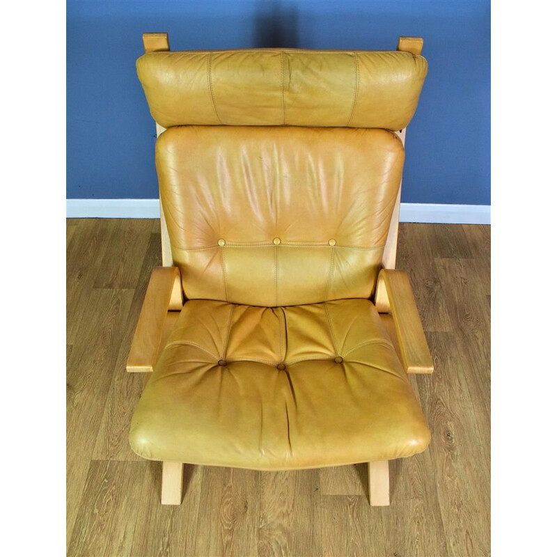 Vintage "Kengu" Caramel Leather armchair by Elsa & Nordahl Solheim from Rybo Rykken