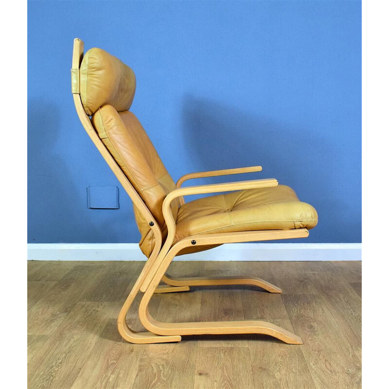 Vintage "Kengu" Caramel Leather armchair by Elsa & Nordahl Solheim from Rybo Rykken