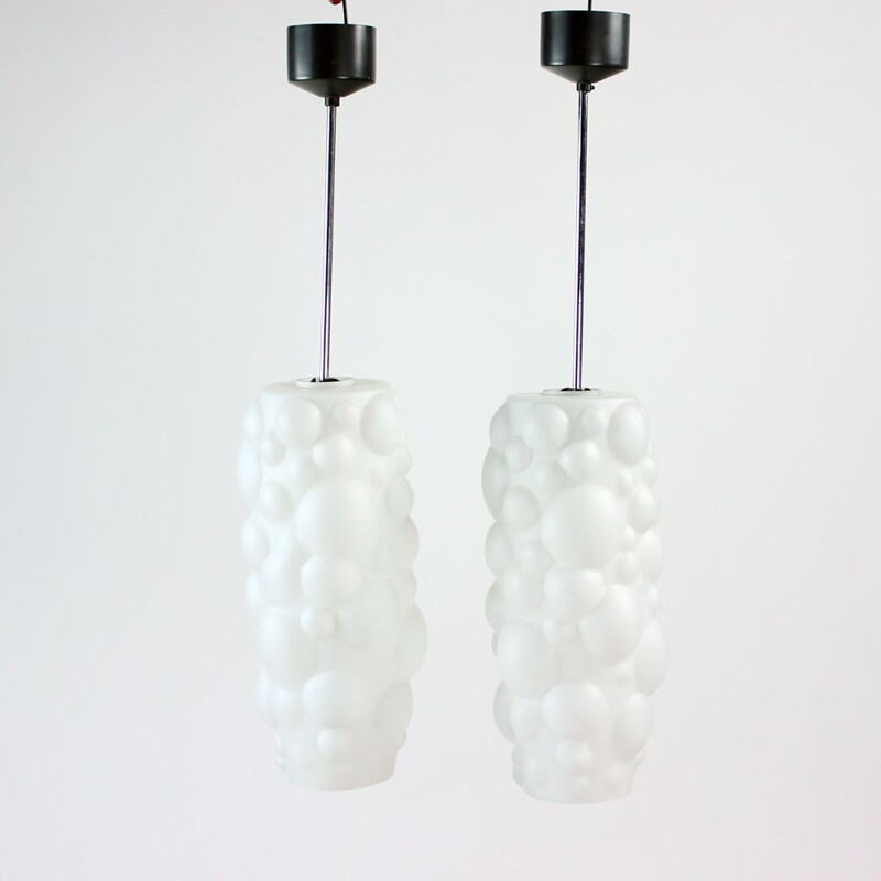 Pair of vintage white opal glass pendant lamps, Czechoslovakia 1960