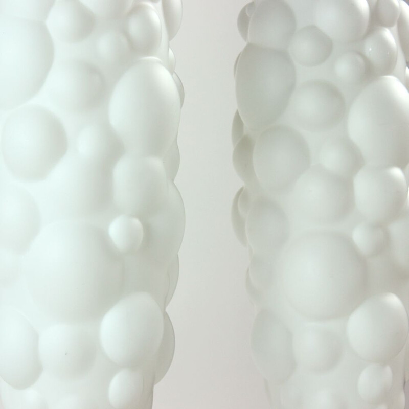 Pair of vintage white opal glass pendant lamps, Czechoslovakia 1960