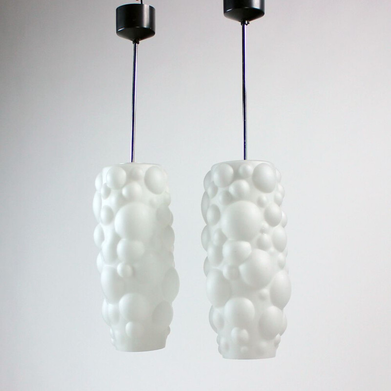 Pair of vintage white opal glass pendant lamps, Czechoslovakia 1960