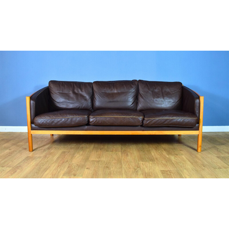 Vintage Brown Leather and Cherry Wood Sofa from Stouby, 1970s