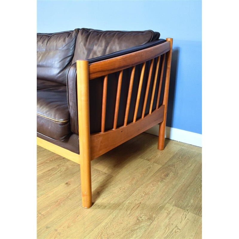 Vintage Brown Leather and Cherry Wood Sofa from Stouby, 1970s