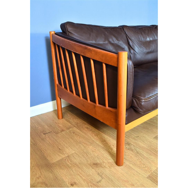 Vintage Brown Leather and Cherry Wood Sofa from Stouby, 1970s