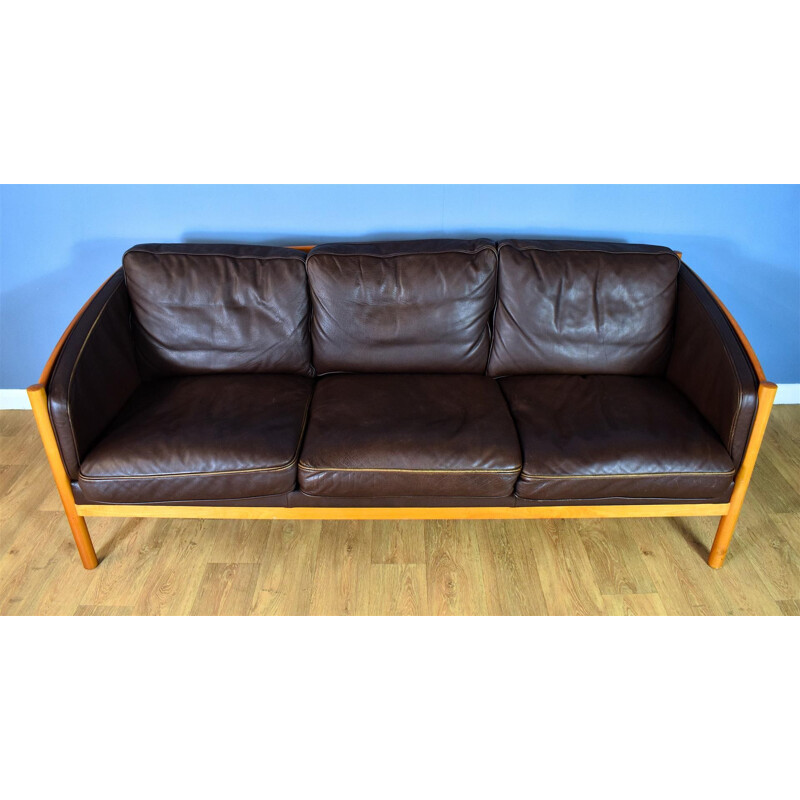 Vintage Brown Leather and Cherry Wood Sofa from Stouby, 1970s