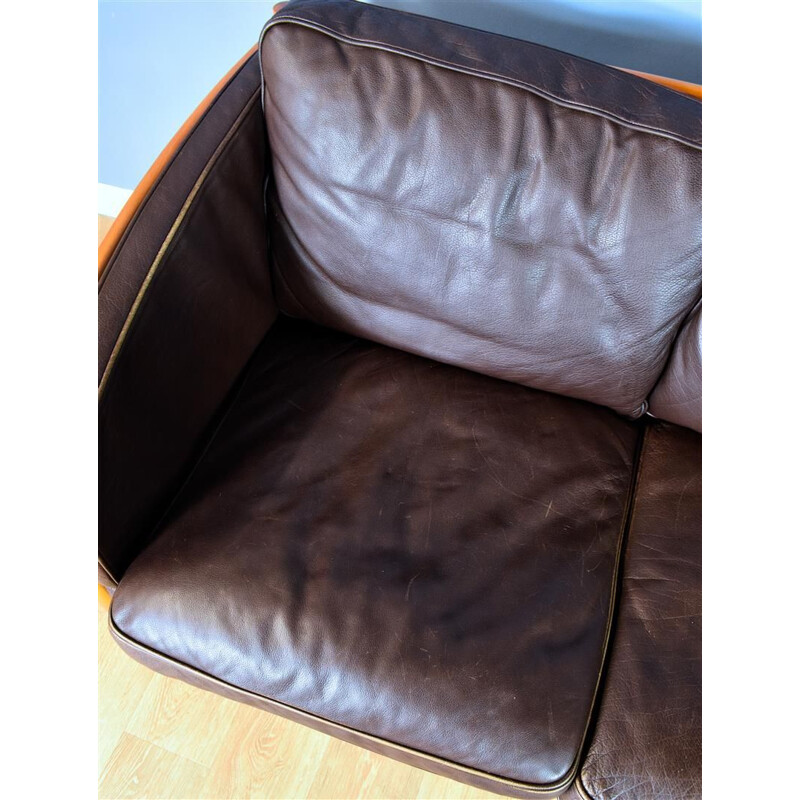 Vintage Brown Leather and Cherry Wood Sofa from Stouby, 1970s