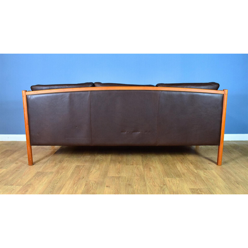 Vintage Brown Leather and Cherry Wood Sofa from Stouby, 1970s