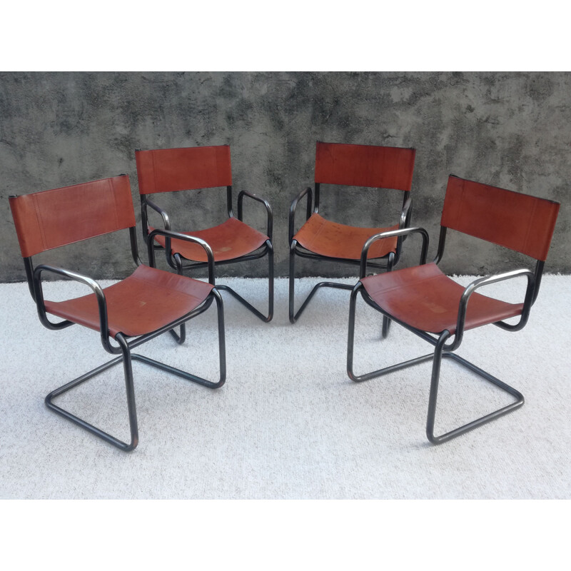 Set of 4 vintage Bauhaus leather and tubular steel armchairs, 1960s