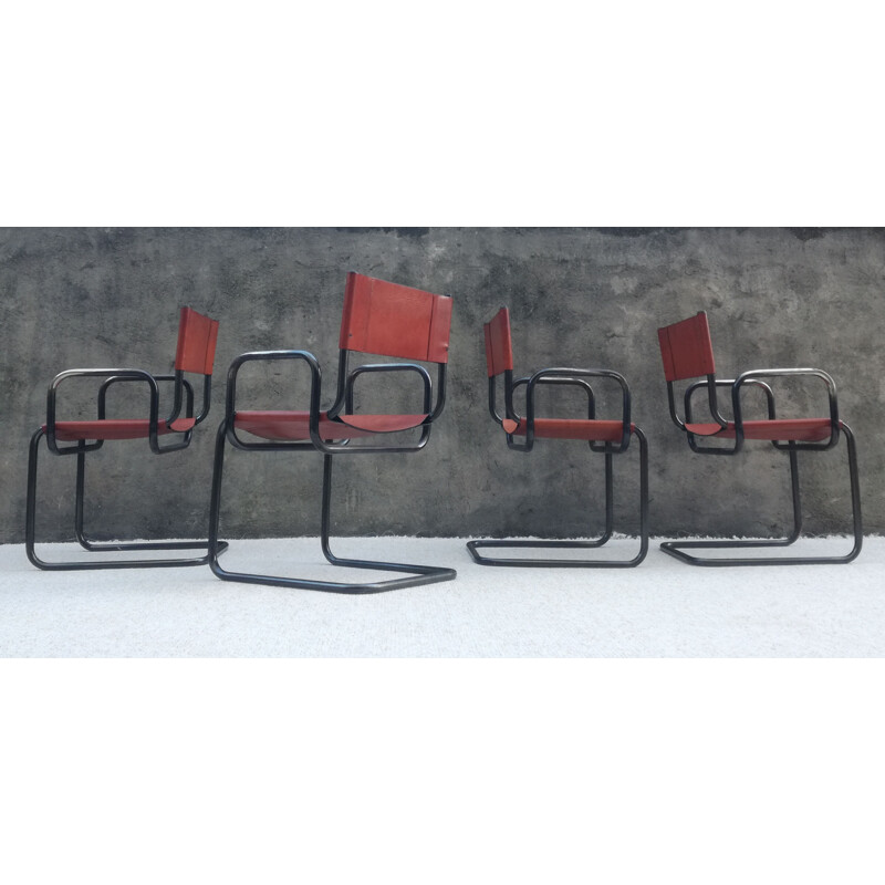 Set of 4 vintage Bauhaus leather and tubular steel armchairs, 1960s