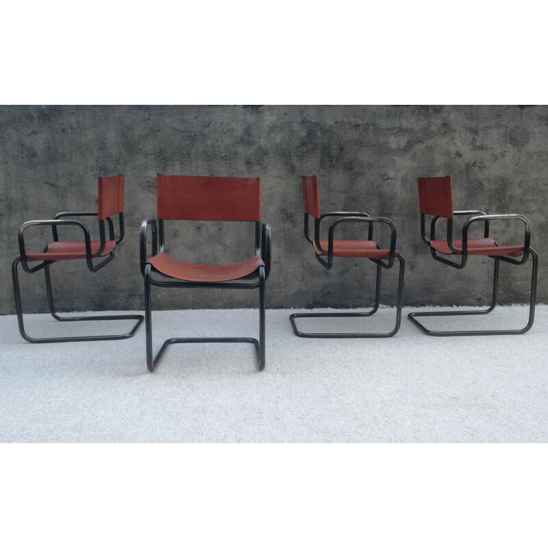 Set of 4 vintage Bauhaus leather and tubular steel armchairs, 1960s