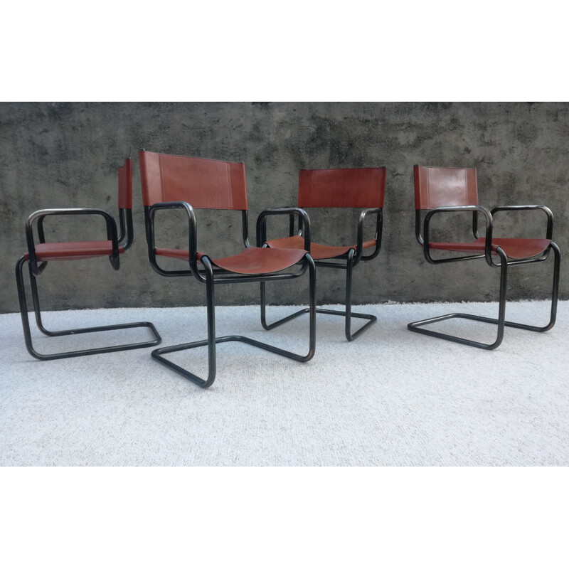 Set of 4 vintage Bauhaus leather and tubular steel armchairs, 1960s