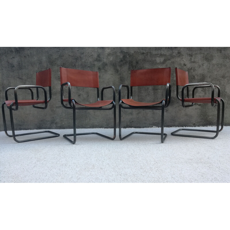 Set of 4 vintage Bauhaus leather and tubular steel armchairs, 1960s