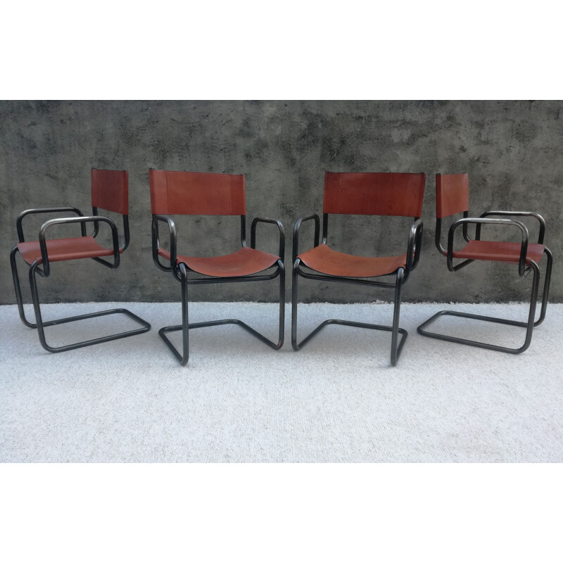 Set of 4 vintage Bauhaus leather and tubular steel armchairs, 1960s