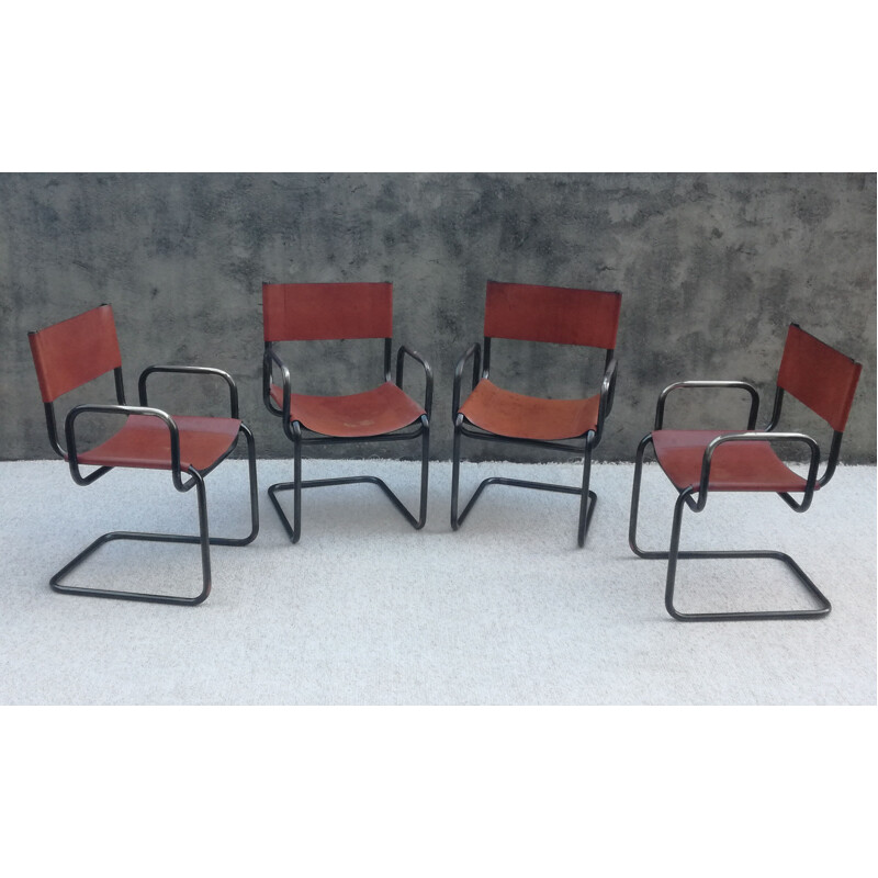 Set of 4 vintage Bauhaus leather and tubular steel armchairs, 1960s