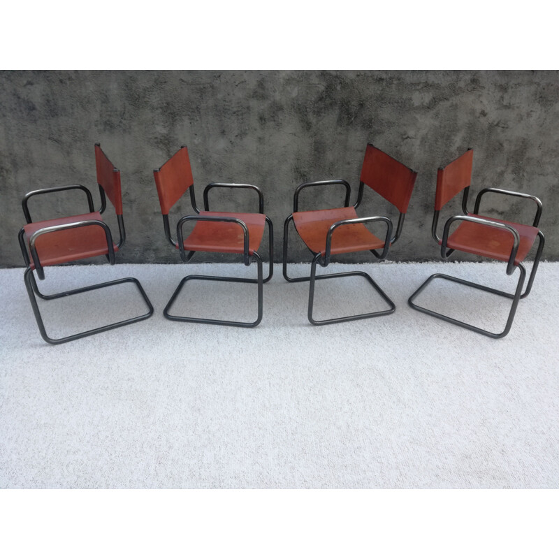 Set of 4 vintage Bauhaus leather and tubular steel armchairs, 1960s