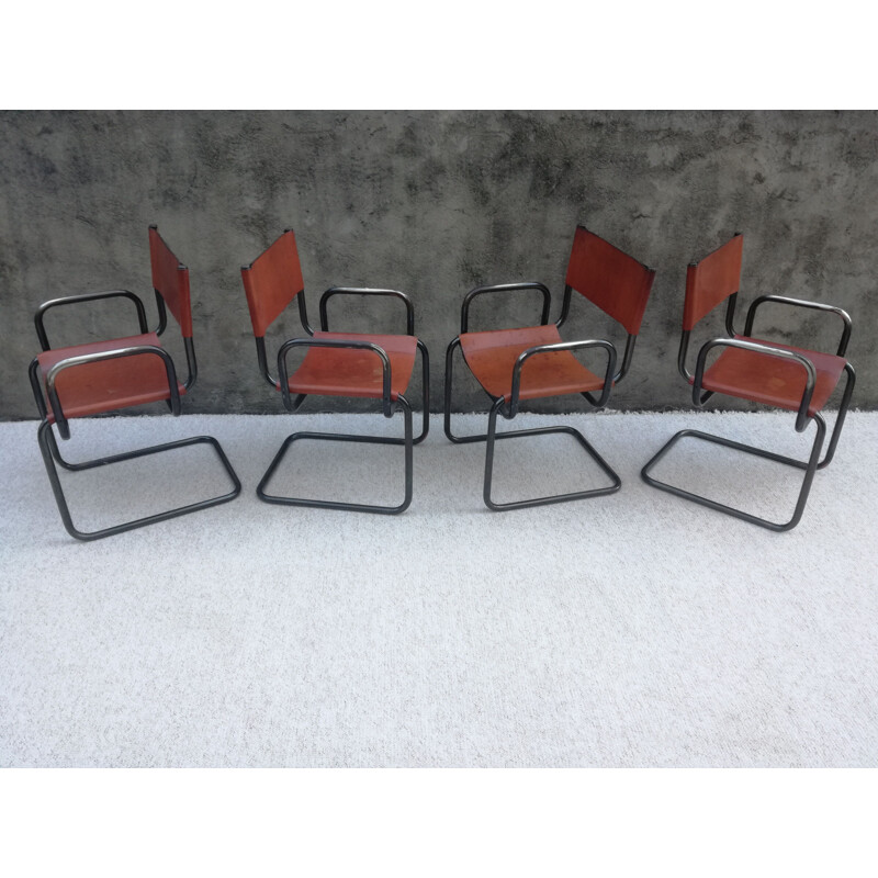 Suite de 4 fauteuils vintage type Bauhaus en cuir et acier tubulaire, 1960s