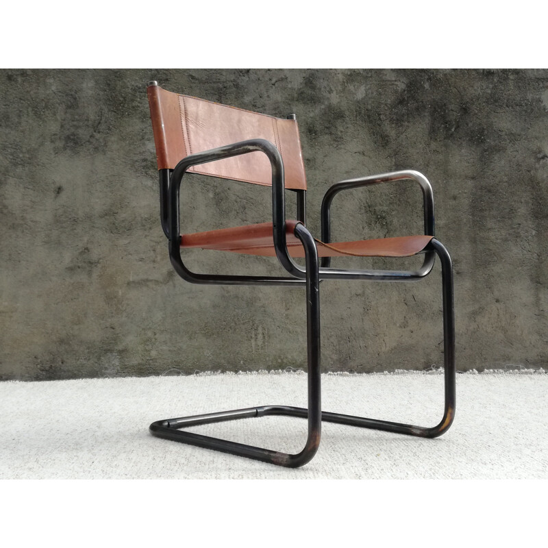 Vintage leather and tubular steel Bauhaus armchair, 1960s