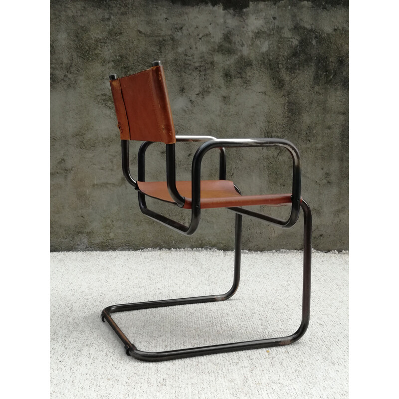 Vintage leather and tubular steel Bauhaus armchair, 1960s