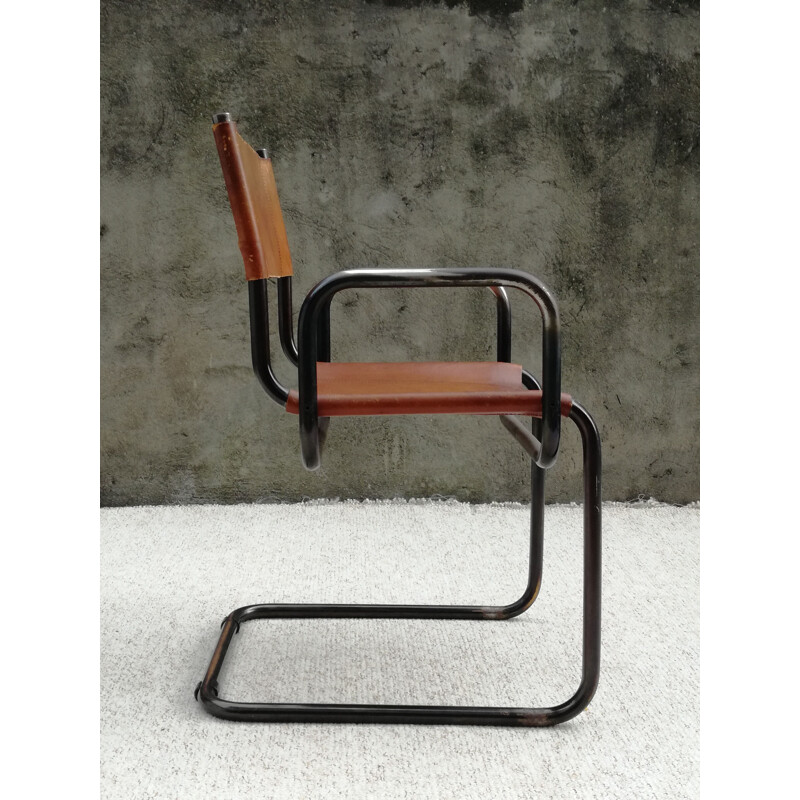 Vintage leather and tubular steel Bauhaus armchair, 1960s