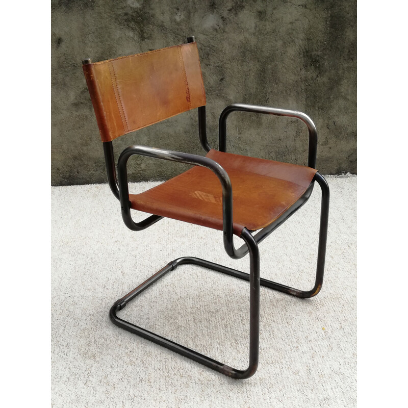 Fauteuil vintage type Bauhaus en cuir et acier tubulaire, 1960s