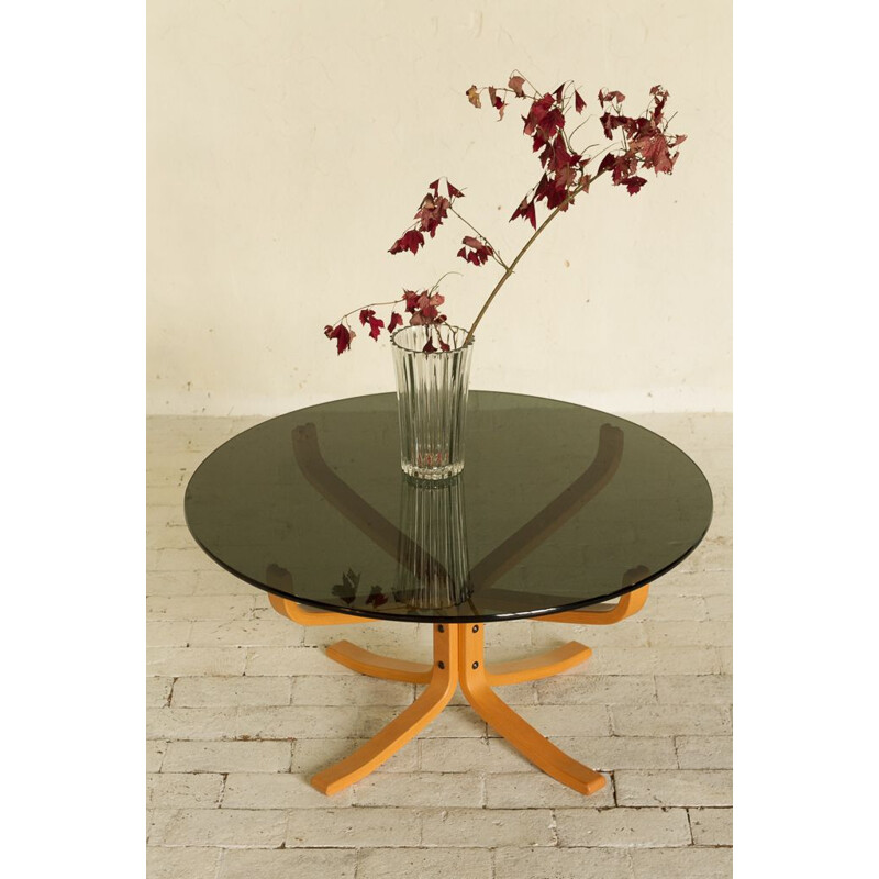 Scandinavian round coffee table in vintage smoked glass by Sigurd Resell