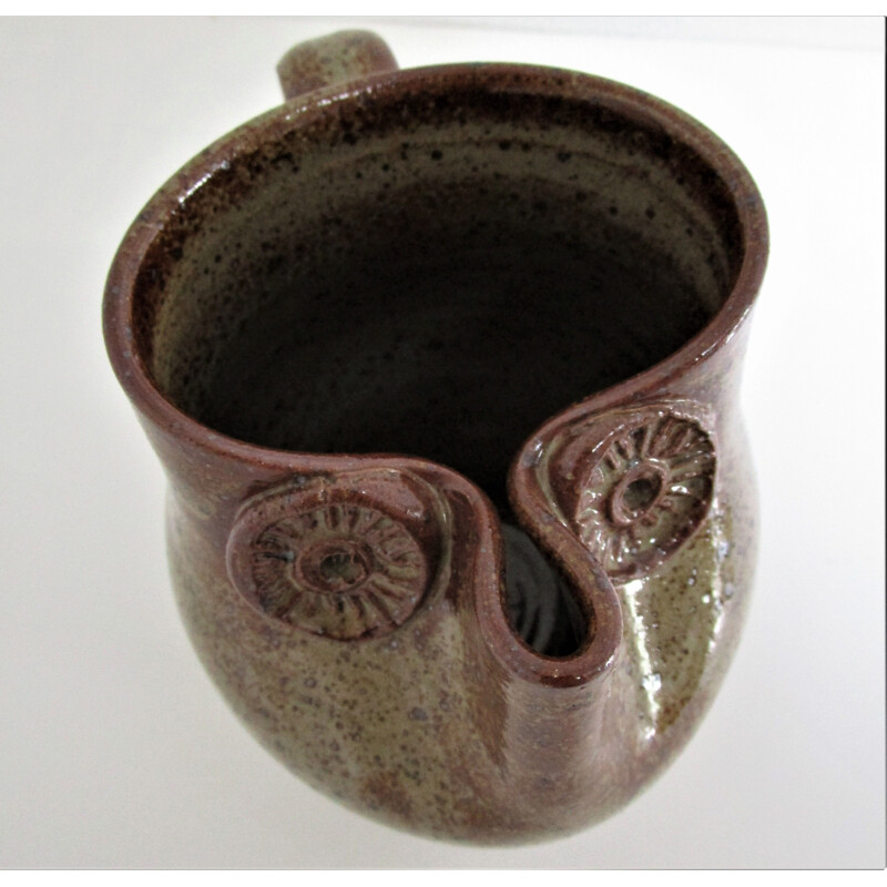 Vintage zoomorphic stoneware pitcher with owl figure 1960