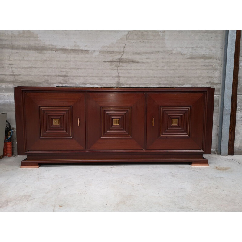 Vintage art deco mahogany bronze marble 3 doors sideboard 1930 