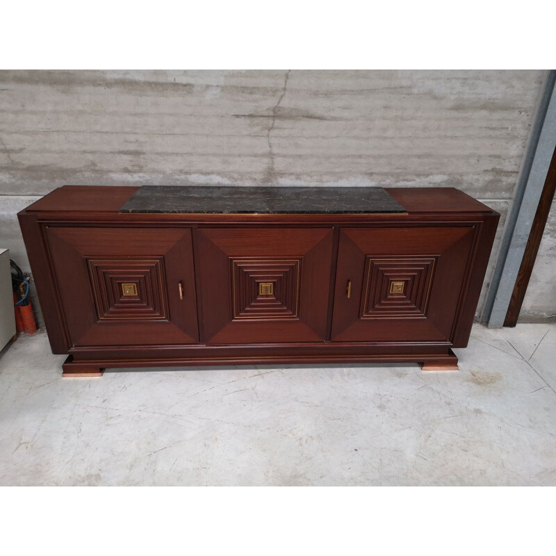 Vintage art deco mahogany bronze marble 3 doors sideboard 1930 