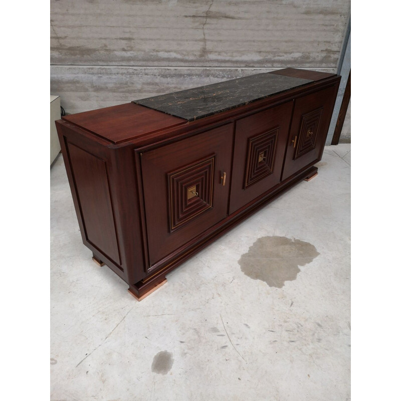 Vintage art deco mahogany bronze marble 3 doors sideboard 1930 