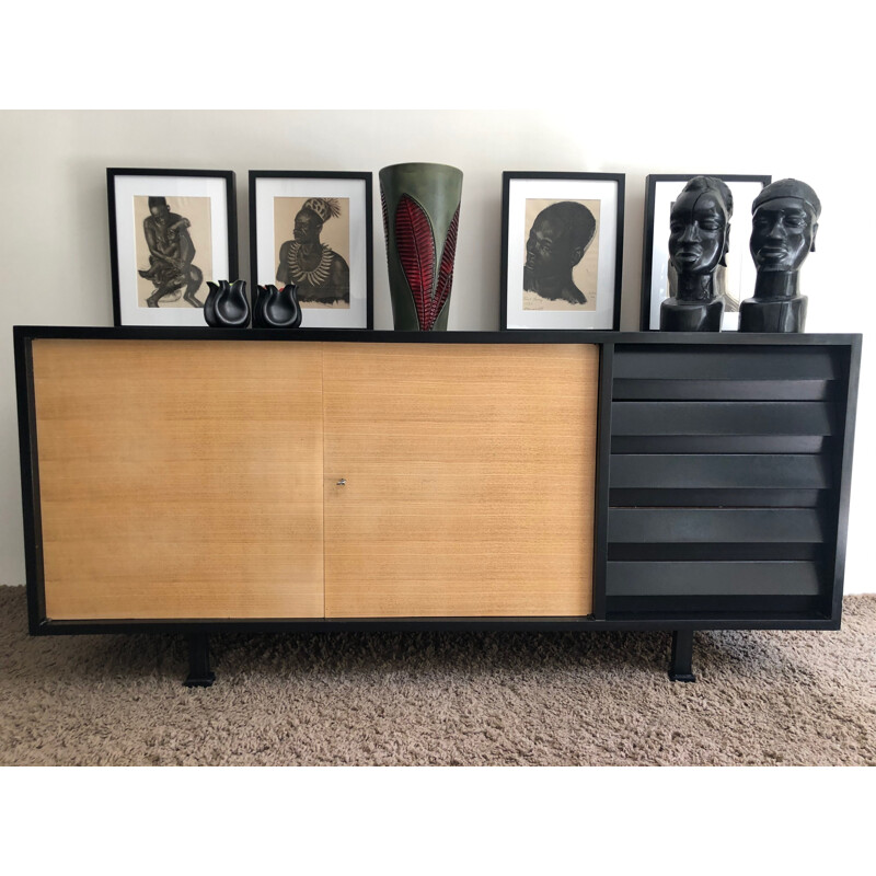Sideboard in black lacquered wood and vintage solid beechwood 