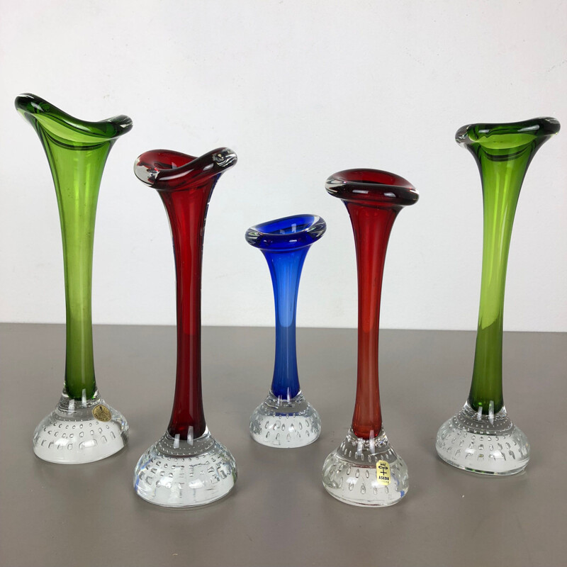 Set of 5 vintage colored glass vases by Bo Borgstrom for Aseda, Sweden 1970