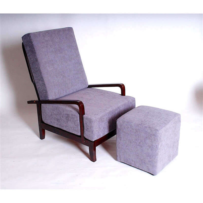 Art Deco adjustable vintage armchair with footstool, 1930s