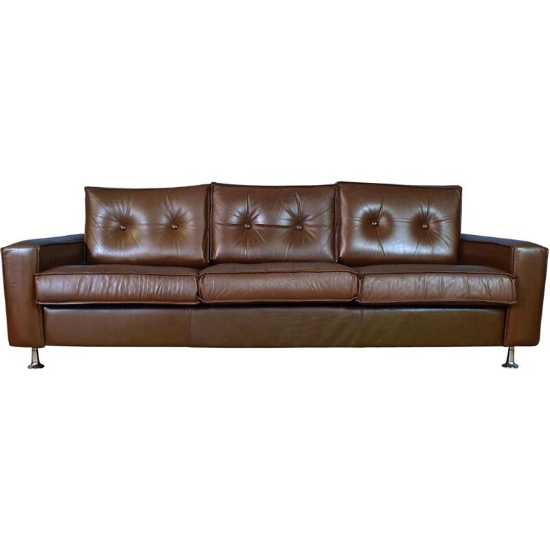 Danish Brown Leather & Chrome 3 Seat Sofa Settee Mid Century 1960s 70s