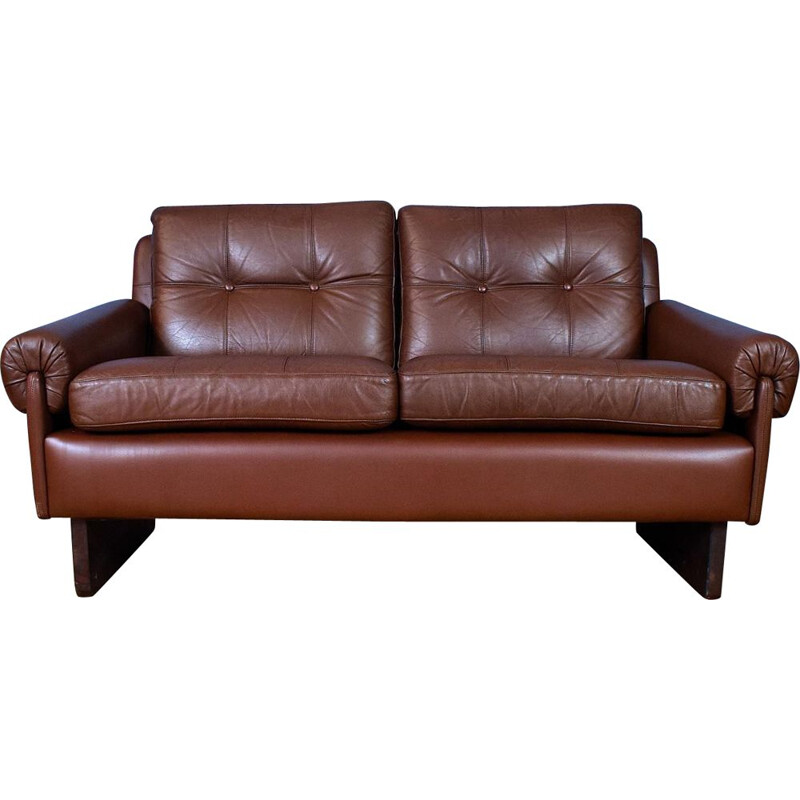 Danish Skippers Mobler Cognac Brown Leather Mid Century 2 Seat Sofa Settee