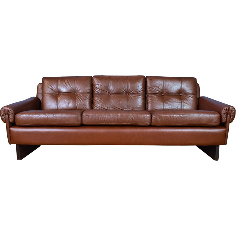 Danish Skippers Mobler Cognac Brown Leather 3 Seat Sofa Settee Mid Century