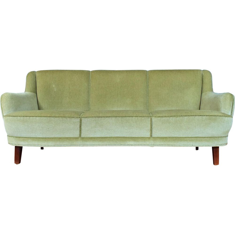 Art Deco Danish Mint Green Velour 3 Seat Banana Sofa Settee Mid Century 1940s