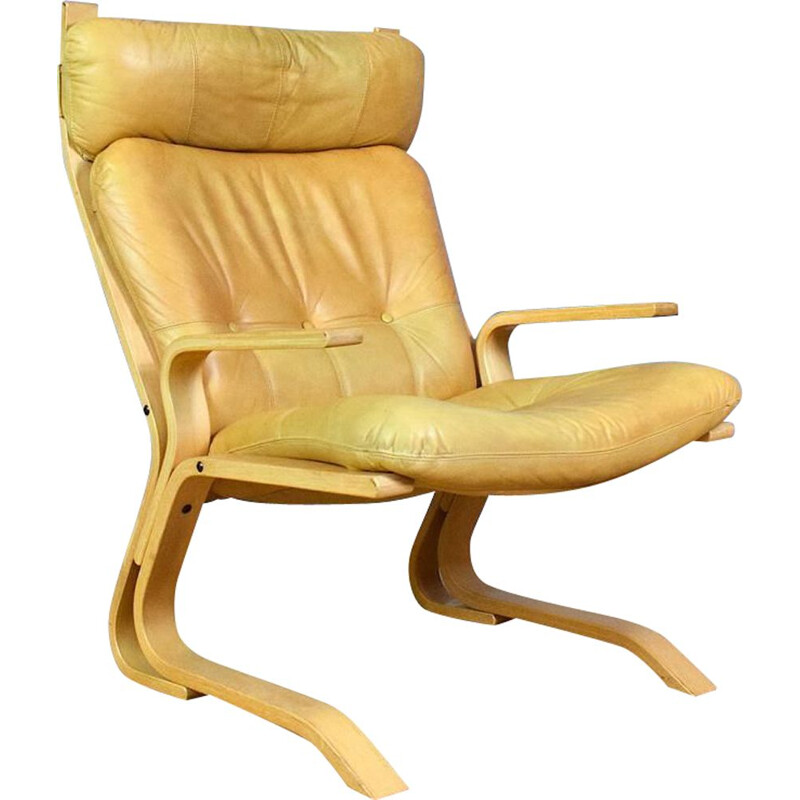 Vintage "Kengu" Caramel Leather armchair by Elsa & Nordahl Solheim from Rybo Rykken