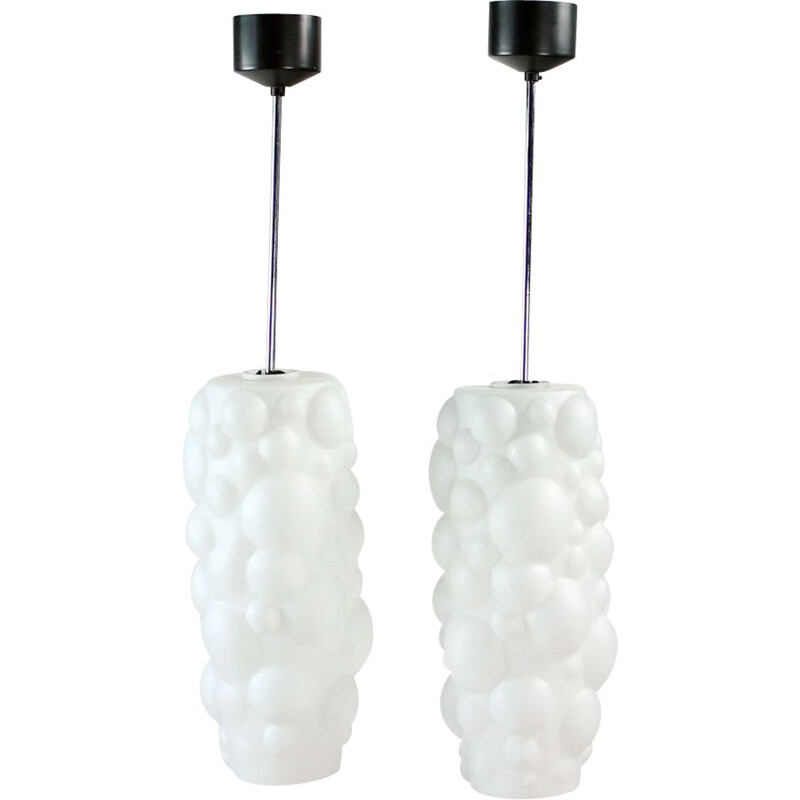 Pair of vintage white opal glass pendant lamps, Czechoslovakia 1960